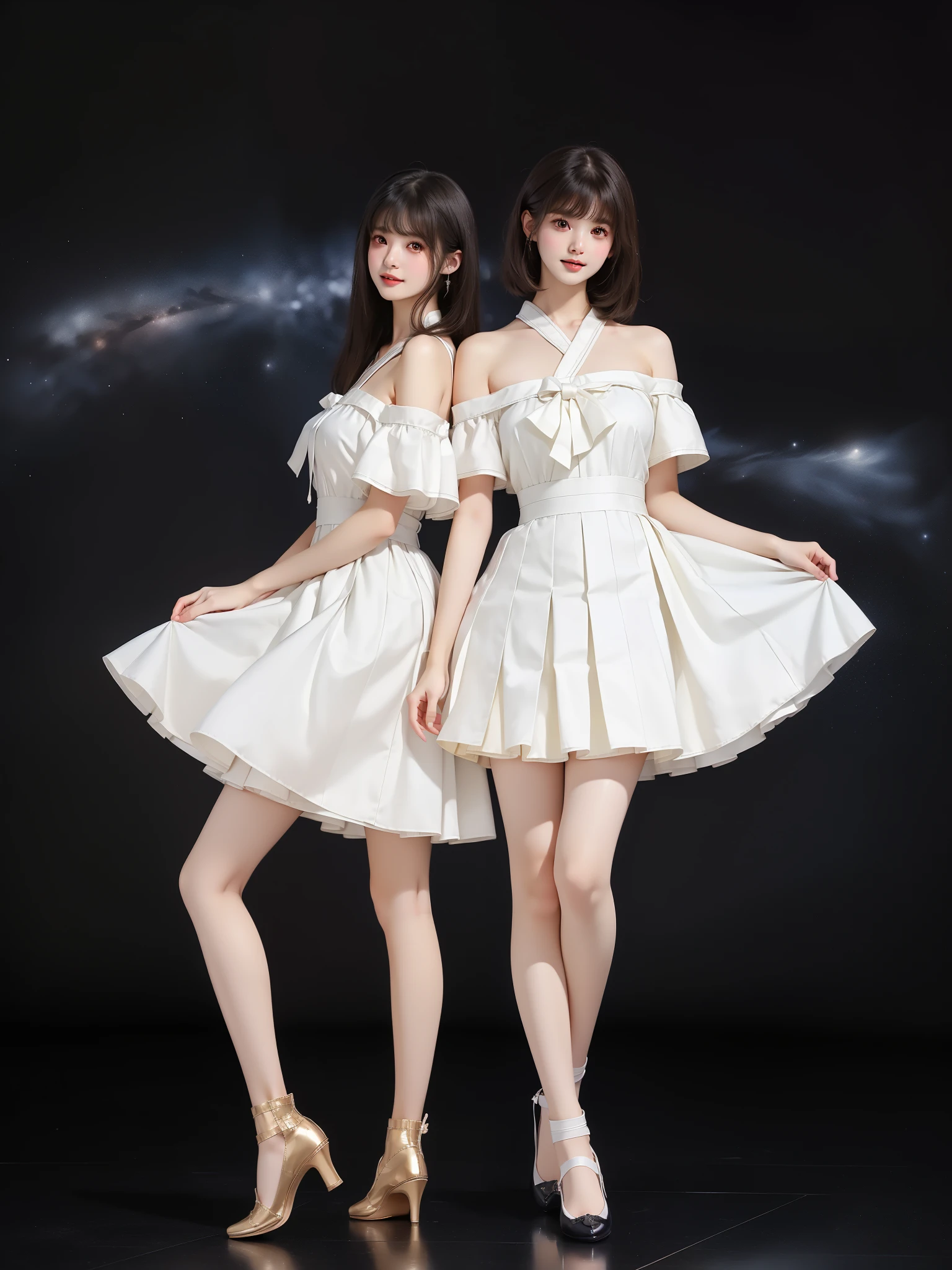 nogizaka_costume ((full body)), (Asian beauty: 1.3), girl, solo, ((single bare shoulder)), ((Pleated skirt, very short hemline)), (toned body: 1.2), (naturally large breasts: 1.1), (visible cleavage: 0.8), (smooth flawless skin: 1.2), (perfect anatomical proportions: 1.3), (anatomically correct legs: 1.3), (elegantly long legs: 1.3), 1.1) Hands gently lift the skirt, (detailed features: 1.2), (big bright eyes: 1.1), (long eyelashes: 1.1), charming smile, gentle and confident expression, Head slightly tilted, long flowing hair, (night scene: 1.1), (starry sky: 1.0), (space background: 0.9), (professional soft light: 1.2), (warm tone: 1.1), (Masterpiece: 1.4), (Super Detail: 1.3), (Sharp focus: 1.2), (Realistic: 1.2), (Hi-Fi: 1.1)