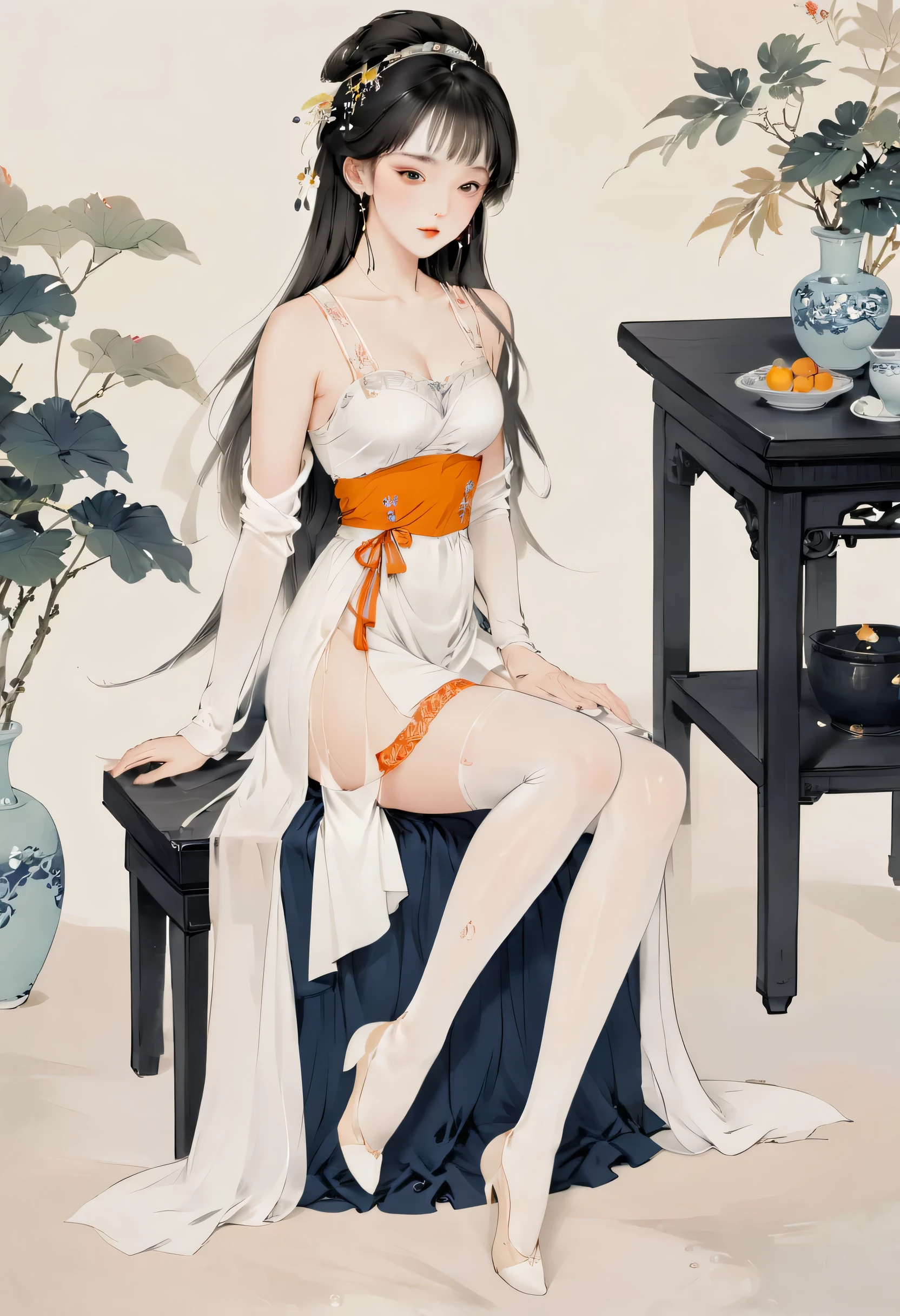 8k, masterpiece, best quality, 2D, ( Traditional Chinese Ink Painting :0.2), white pantyhose, The white pantyhose on the legs are exposed,Long Legs, Seductive Postures, Sexy pose, Very beautiful slender legs , Juicy legs, Wear a skirt, Long, thin legs , Beautiful legs, Cute and elegant pose, sexy look, Very beautiful slender legs, Korean Girl, good hips and Long Legs,Hair with bangs,Breast fullness,young body