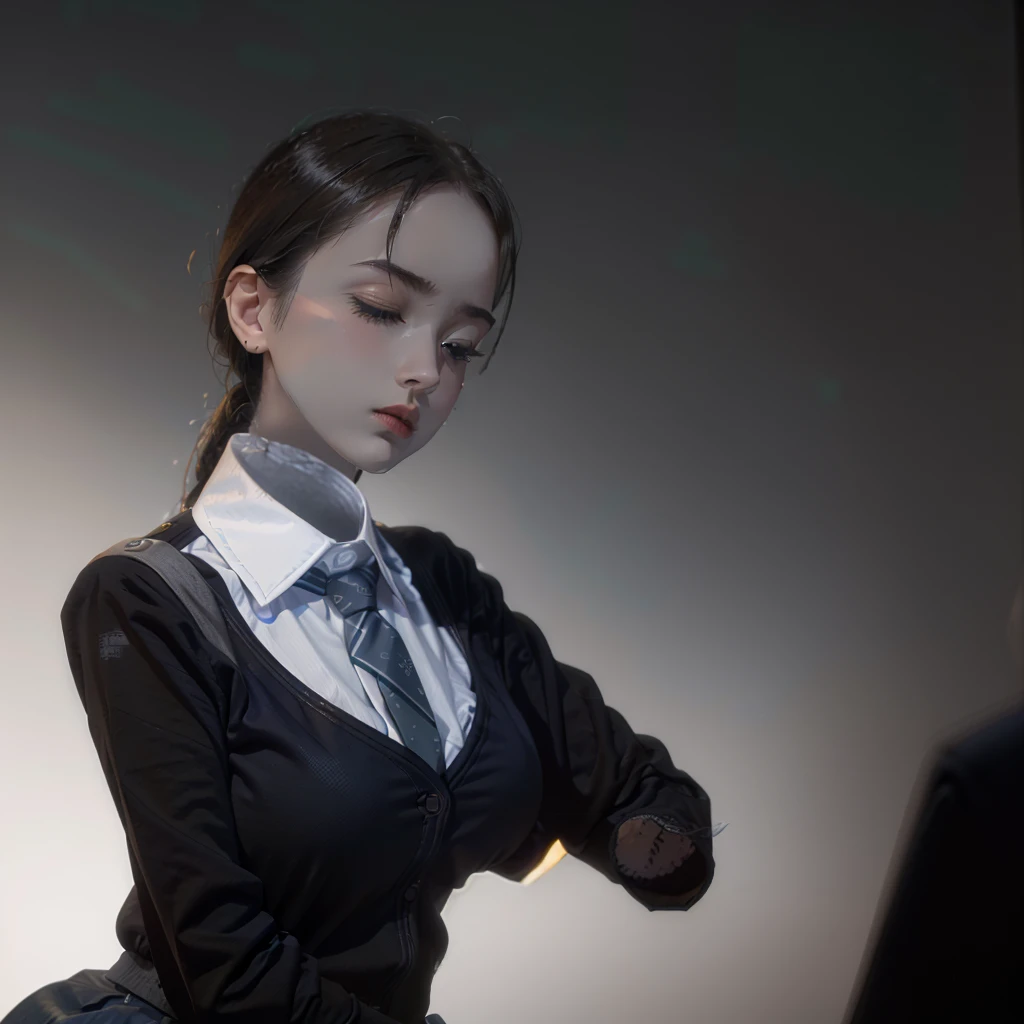 (invisible, no humans, headless, handless, faceless:1.5), cute big breasts, masterpiece, best quality, highres, aarin, school uniform, necktie, collared shirt, black cardigan, long sleeves, pleated skirt, grey skirt, standing, cowboy shot, in city, (close-up to breast)