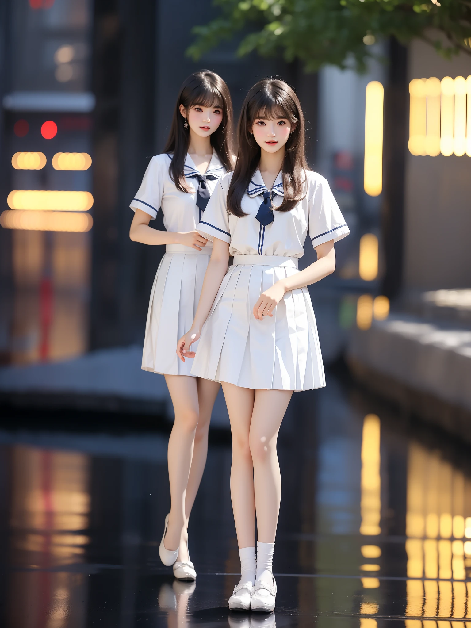 nogizaka_costume ((full body)), (Asian beauty: 1.3), girl, solo,  ((Pleated skirt, very short hemline)), (toned body: 1.2), (naturally large breasts: 1.1), (visible cleavage: 0.8), (smooth flawless skin: 1.2), (perfect anatomical proportions: 1.3), (anatomically correct legs: 1.3), (elegantly long legs: 1.3), 1.1) Hands gently lift the skirt, (detailed features: 1.2), (big bright eyes: 1.1), (long eyelashes: 1.1), charming smile, gentle and confident expression, Head slightly tilted, long flowing hair, (night scene: 1.1), (starry sky: 1.0), (space background: 0.9), (professional soft light: 1.2), (warm tone: 1.1), (Masterpiece: 1.4), (Super Detail: 1.3), (Sharp focus: 1.2), (Realistic: 1.2), (Hi-Fi: 1.1)