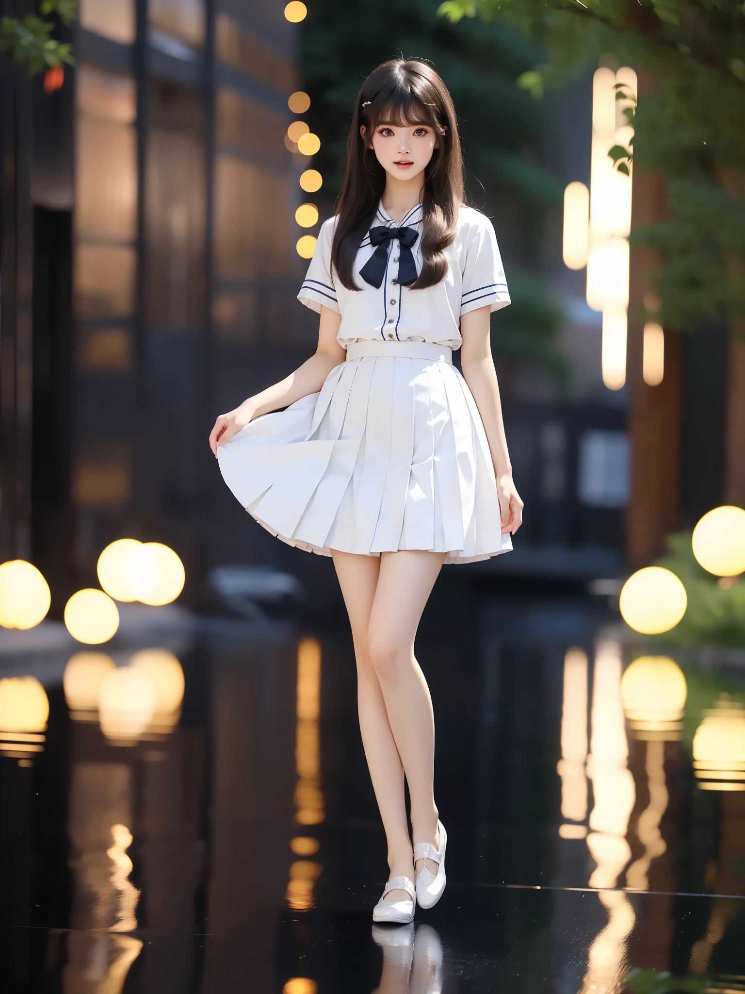 nogizaka_costume ((full body)), (Asian beauty: 1.3), girl, solo,  ((Pleated skirt, very short hemline)), (toned body: 1.2), (naturally large breasts: 1.1), (visible cleavage: 0.8), (smooth flawless skin: 1.2), (perfect anatomical proportions: 1.3), (anatomically correct legs: 1.3), (elegantly long legs: 1.3), 1.1) Hands gently lift the skirt, (detailed features: 1.2), (big bright eyes: 1.1), (long eyelashes: 1.1), charming smile, gentle and confident expression, Head slightly tilted, long flowing hair, (night scene: 1.1), (starry sky: 1.0), (space background: 0.9), (professional soft light: 1.2), (warm tone: 1.1), (Masterpiece: 1.4), (Super Detail: 1.3), (Sharp focus: 1.2), (Realistic: 1.2), (Hi-Fi: 1.1)