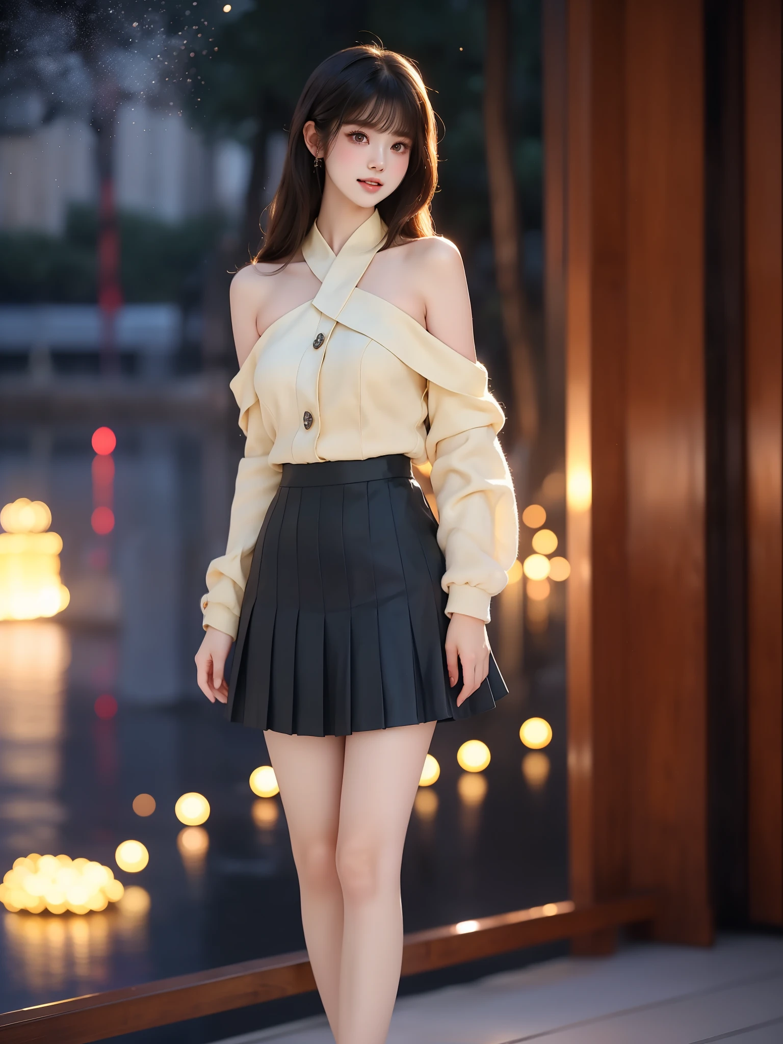 nogizaka_costume ((full body)), (Asian beauty: 1.3), girl, solo, ((single bare shoulder)), ((Pleated skirt, very short hemline)), (toned body: 1.2), (naturally large breasts: 1.1), (visible cleavage: 0.8), (smooth flawless skin: 1.2), (perfect anatomical proportions: 1.3), (anatomically correct legs: 1.3), (elegantly long legs: 1.3), 1.1) Hands gently lift the skirt, (detailed features: 1.2), (big bright eyes: 1.1), (long eyelashes: 1.1), charming smile, gentle and confident expression, Head slightly tilted, long flowing hair, (night scene: 1.1), (starry sky: 1.0), (space background: 0.9), (professional soft light: 1.2), (warm tone: 1.1), (Masterpiece: 1.4), (Super Detail: 1.3), (Sharp focus: 1.2), (Realistic: 1.2), (Hi-Fi: 1.1)