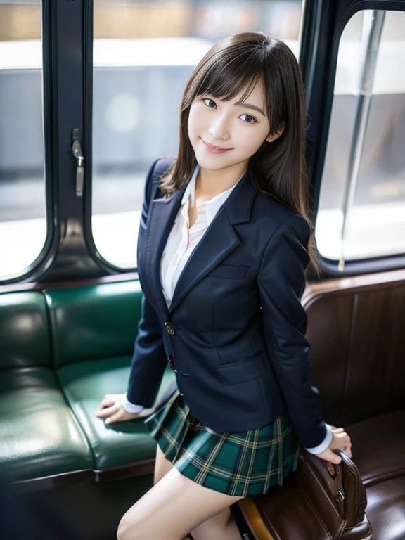 masterpiece、highest quality、High resolution、Realistic、Bright lighting、Professional Lighting、Face Light、Smooth lighting、Cute school girl、Cute uniformed girl、Sexy and cute look and cute 16-year-old beautiful girl, 美しい and sexy face、、A dark navy blue blazer with an emblem on the left chest、White blouse、Dark green casual tie、Dark green and dark navy tartan check mini skirt、Dark navy blue socks、Brown leather shoes、Brown Loafers、Brown moderate hair、Tied Hair、so beautiful、Beautiful Skin、Beautiful and detailed、Detailed face、Brown eyes、Beautiful legs、Standing on the train、smile、Full Body Shot、E cup breasts、turn around、