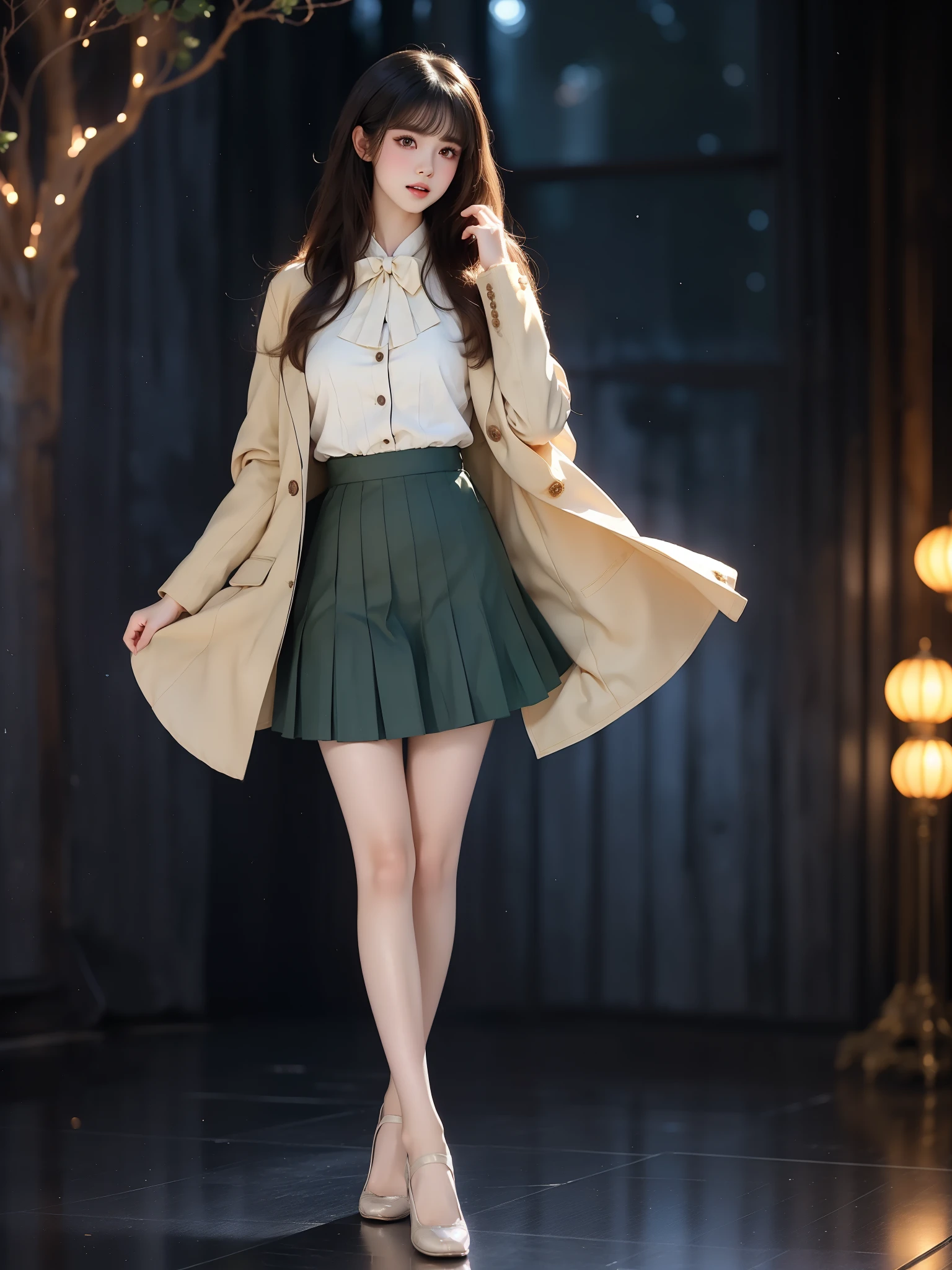 nogizaka_costume ((full body)), (Asian beauty: 1.3), girl, solo,  ((Pleated skirt, very short hemline)), (toned body: 1.2), (naturally large breasts: 1.1), (visible cleavage: 0.8), (smooth flawless skin: 1.2), (perfect anatomical proportions: 1.3), (anatomically correct legs: 1.3), (elegantly long legs: 1.3), 1.1) Hands gently lift the skirt, (detailed features: 1.2), (big bright eyes: 1.1), (long eyelashes: 1.1), charming smile, gentle and confident expression, Head slightly tilted, long flowing hair, (night scene: 1.1), (starry sky: 1.0), (space background: 0.9), (professional soft light: 1.2), (warm tone: 1.1), (Masterpiece: 1.4), (Super Detail: 1.3), (Sharp focus: 1.2), (Realistic: 1.2), (Hi-Fi: 1.1)