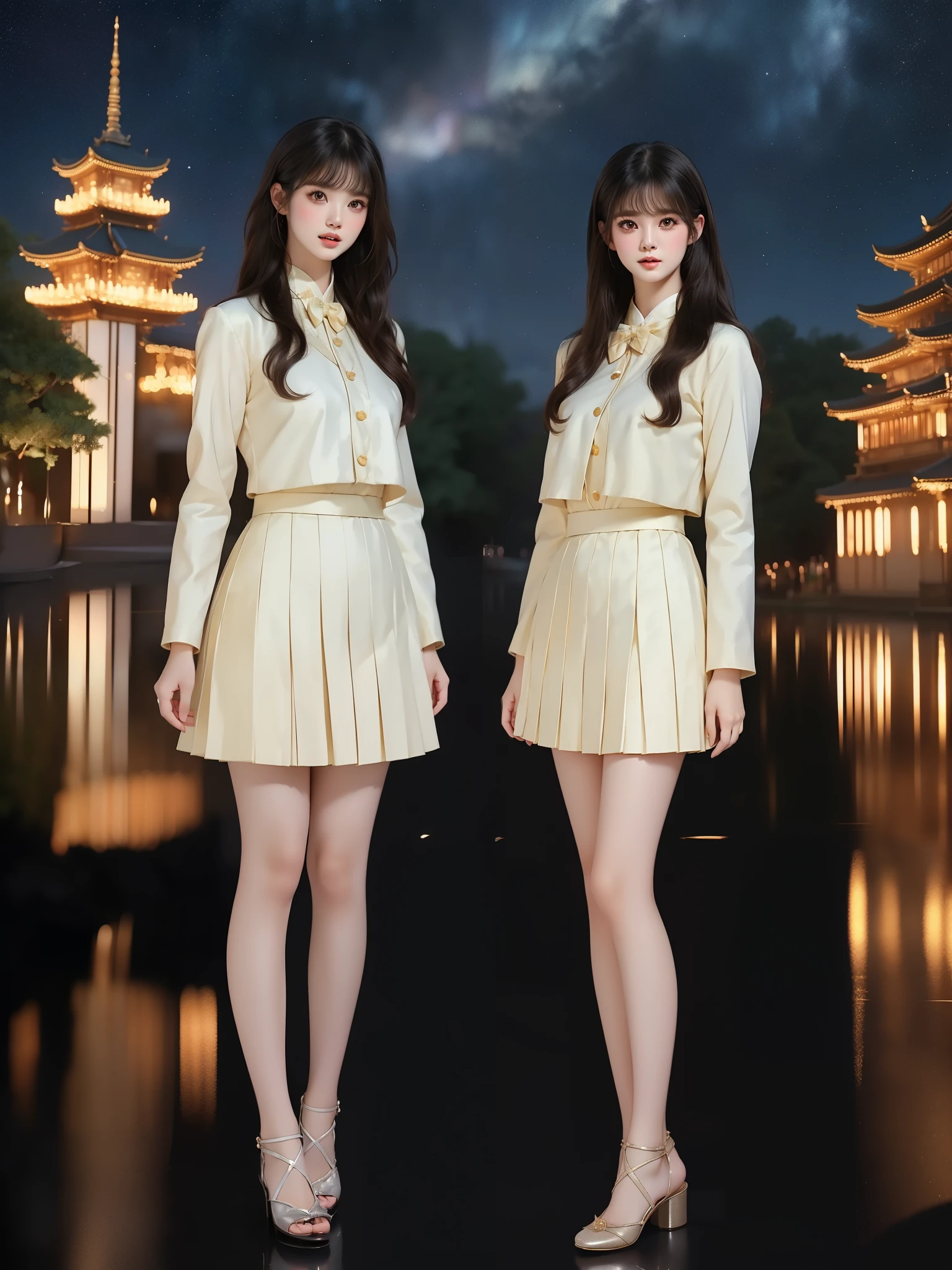 nogizaka_costume ((full body)), (Asian beauty: 1.3), girl, solo,  ((Pleated skirt, very short hemline)), (toned body: 1.2), (naturally large breasts: 1.1), (visible cleavage: 0.8), (smooth flawless skin: 1.2), (perfect anatomical proportions: 1.3), (anatomically correct legs: 1.3), (elegantly long legs: 1.3), 1.1) Hands gently lift the skirt, (detailed features: 1.2), (big bright eyes: 1.1), (long eyelashes: 1.1), charming smile, gentle and confident expression, Head slightly tilted, long flowing hair, (night scene: 1.1), (starry sky: 1.0), (space background: 0.9), (professional soft light: 1.2), (warm tone: 1.1), (Masterpiece: 1.4), (Super Detail: 1.3), (Sharp focus: 1.2), (Realistic: 1.2), (Hi-Fi: 1.1)