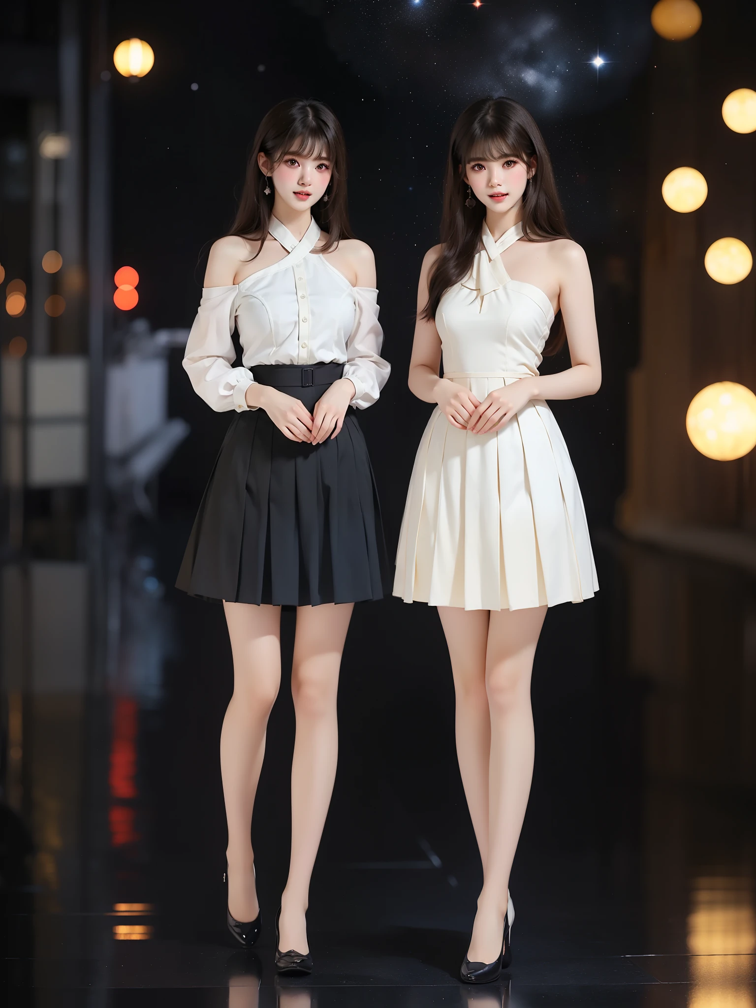 nogizaka_costume ((full body)), (Asian beauty: 1.3), girl, solo, ((single bare shoulder)), ((Pleated skirt, very short hemline)), (toned body: 1.2), (naturally large breasts: 1.1), (visible cleavage: 0.8), (smooth flawless skin: 1.2), (perfect anatomical proportions: 1.3), (anatomically correct legs: 1.3), (elegantly long legs: 1.3), 1.1) Hands gently lift the skirt, (detailed features: 1.2), (big bright eyes: 1.1), (long eyelashes: 1.1), charming smile, gentle and confident expression, Head slightly tilted, long flowing hair, (night scene: 1.1), (starry sky: 1.0), (space background: 0.9), (professional soft light: 1.2), (warm tone: 1.1), (Masterpiece: 1.4), (Super Detail: 1.3), (Sharp focus: 1.2), (Realistic: 1.2), (Hi-Fi: 1.1)