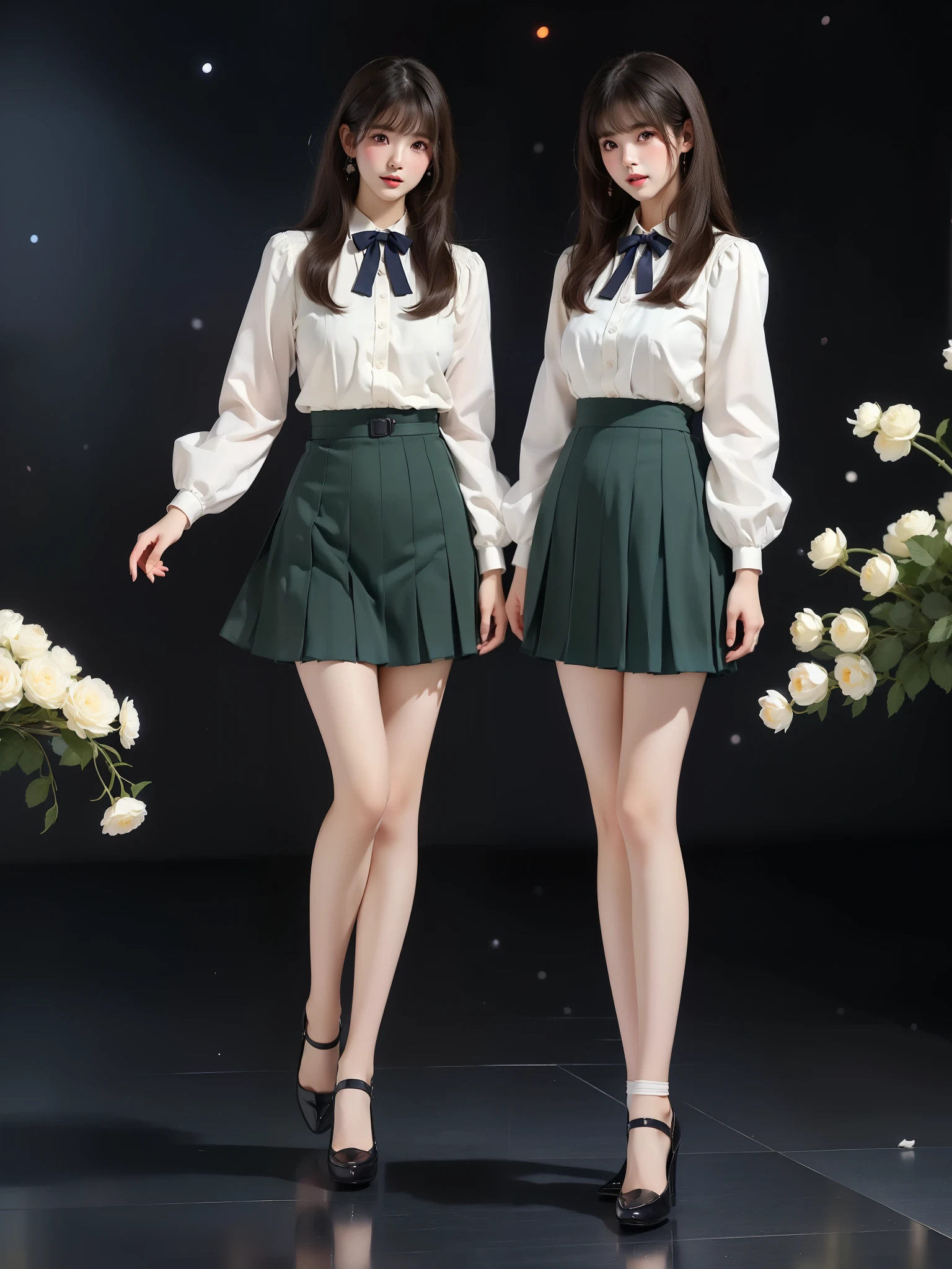 nogizaka_costume ((full body)), (Asian beauty: 1.3), girl, solo,  ((Pleated skirt, very short hemline)), (toned body: 1.2), (naturally large breasts: 1.1), (visible cleavage: 0.8), (smooth flawless skin: 1.2), (perfect anatomical proportions: 1.3), (anatomically correct legs: 1.3), (elegantly long legs: 1.3), 1.1) Hands gently lift the skirt, (detailed features: 1.2), (big bright eyes: 1.1), (long eyelashes: 1.1), charming smile, gentle and confident expression, Head slightly tilted, long flowing hair, (night scene: 1.1), (starry sky: 1.0), (space background: 0.9), (professional soft light: 1.2), (warm tone: 1.1), (Masterpiece: 1.4), (Super Detail: 1.3), (Sharp focus: 1.2), (Realistic: 1.2), (Hi-Fi: 1.1)