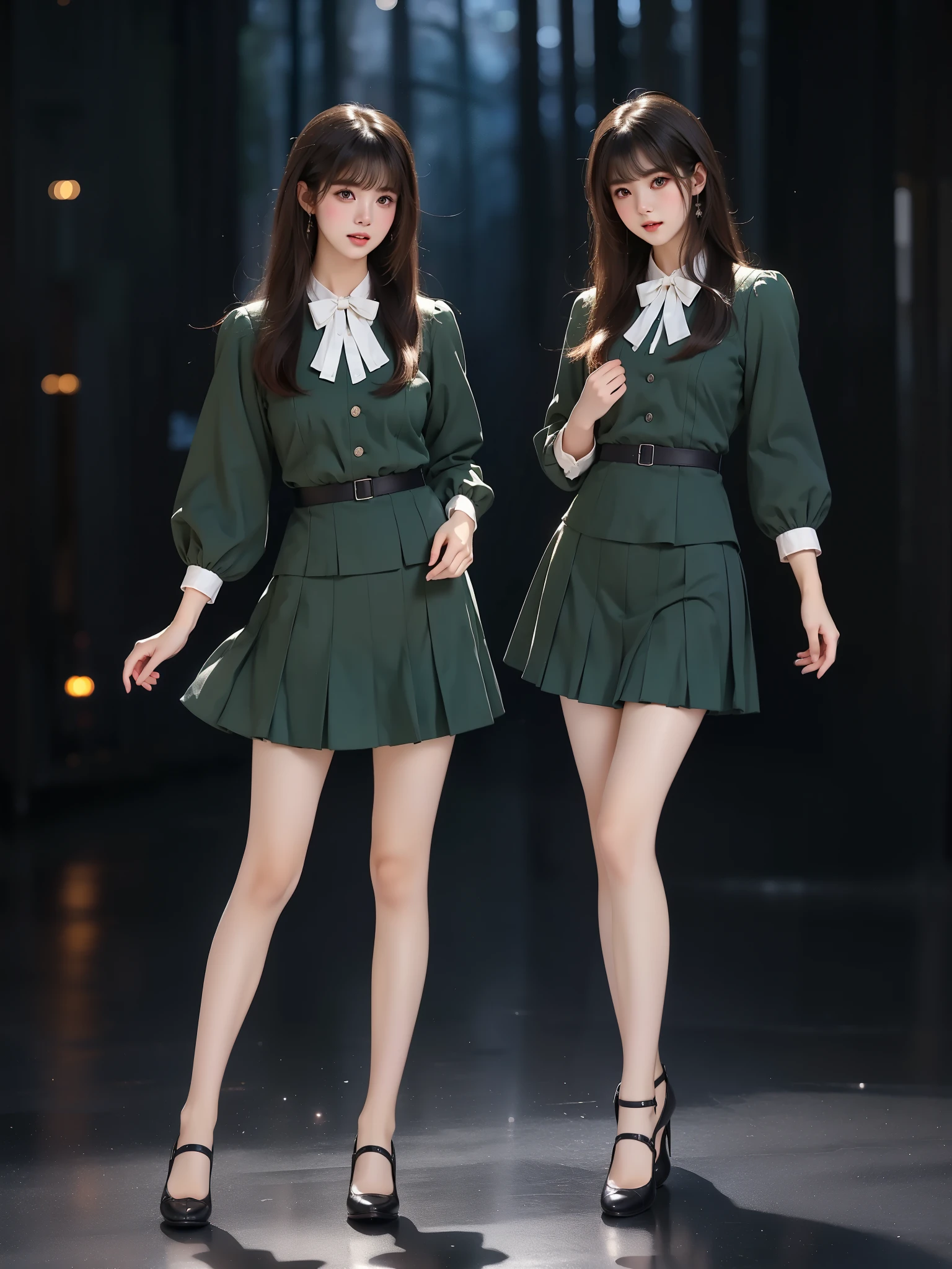 nogizaka_costume ((full body)), (Asian beauty: 1.3), girl, solo,  ((Pleated skirt, very short hemline)), (toned body: 1.2), (naturally large breasts: 1.1), (visible cleavage: 0.8), (smooth flawless skin: 1.2), (perfect anatomical proportions: 1.3), (anatomically correct legs: 1.3), (elegantly long legs: 1.3), 1.1) Hands gently lift the skirt, (detailed features: 1.2), (big bright eyes: 1.1), (long eyelashes: 1.1), charming smile, gentle and confident expression, Head slightly tilted, long flowing hair, (night scene: 1.1), (starry sky: 1.0), (space background: 0.9), (professional soft light: 1.2), (warm tone: 1.1), (Masterpiece: 1.4), (Super Detail: 1.3), (Sharp focus: 1.2), (Realistic: 1.2), (Hi-Fi: 1.1)