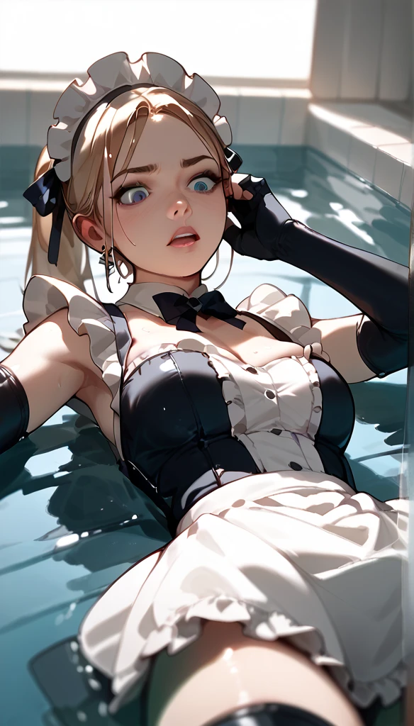 Anime Women, Maid uniform, Drowning at the bottom of the bath thigh boots, elbow gloves, Alone, straddling on face, Push your head under the bath water, From below, looking down, Point of View Shot