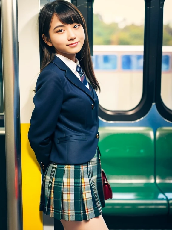 (8k, RAW photo, best quality, masterpiece:1.2), High detail RAW color photo, professional photograph, (realistic, photo realistic:1.37), ((best quality)),On the way to school, (((a beautiful and cute girl in a junior high  stands on her tiptoes because of her short stature, and holds on to the straps of the train with her right arm stretched out straight:1.68))),((the girl is 13 years old)),feminine,((The girl is 138cm tall:1.37)), ((the girl is baby face)),(((the girl has small cute face))), ((big double eyelid eyes)), ((small cute nose)), ((slim waist)), ((small hip)), (looking at viewer:1.2),smooth hair, smooth skins, ((no manicure)), ((no maked up)), ((no accessary)),(the girl is wearing uniforms consisting of a white open-collar business shirt and a navy blue school skirt),((The girl is hanging on to the strap with her right hand)),