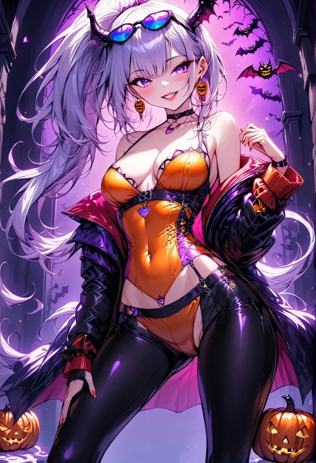  young beautiful woman,(Best Quality,Very detailed depiction, Incredible High Resolution, Sharp Teeth Like a Beast ,High quality anime drawings),(Halloween little devil),(Succubus Costume,orange latex costume, wearing sunglasses on her head, earrings with cups, choker,Black tights,boots),(Silver Hair, ponytail,Purple Eyes, Eyes Half Closed :1.2,Red lips,A seductive smile:1.2, beautiful skin in NFSW,Model pose,Standing posture:1.3,),(Full body image:1.3),Purple light:1.3,Side view:1.3, Jack O Lantern, Halloween Atmosphere