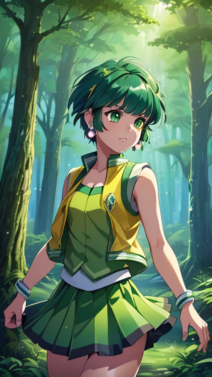 (1girl, Alone, ppgzbtc), (extremely detailed CG unit 8k wallpaper),(master part), (best quality), (ultra detail), (best illustration),(Anime Cosmos Movie Style, cowboy shot, (Sharp eyeliner, ombre, detailed eyes:1), forest, outdoors background, ,break, upper body, (green eyes, short hair, earrings, yellow vest, green skirt)