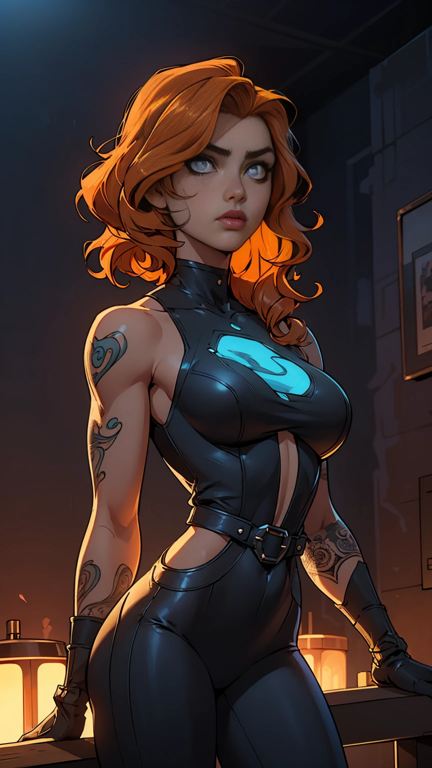 dieselpunk, atmospheric volumetric fog, (masterpiece:1.2), illustration, best quality, 8k, HDR, wallpaper, cinematic lighting, sharp focus, intricate ,slim body, (( fashion top)), intricate,sexy,Fable, light Orange hair, ((short wavy hair)), body tattoo, definited eyes, High resolution, Blue eyes