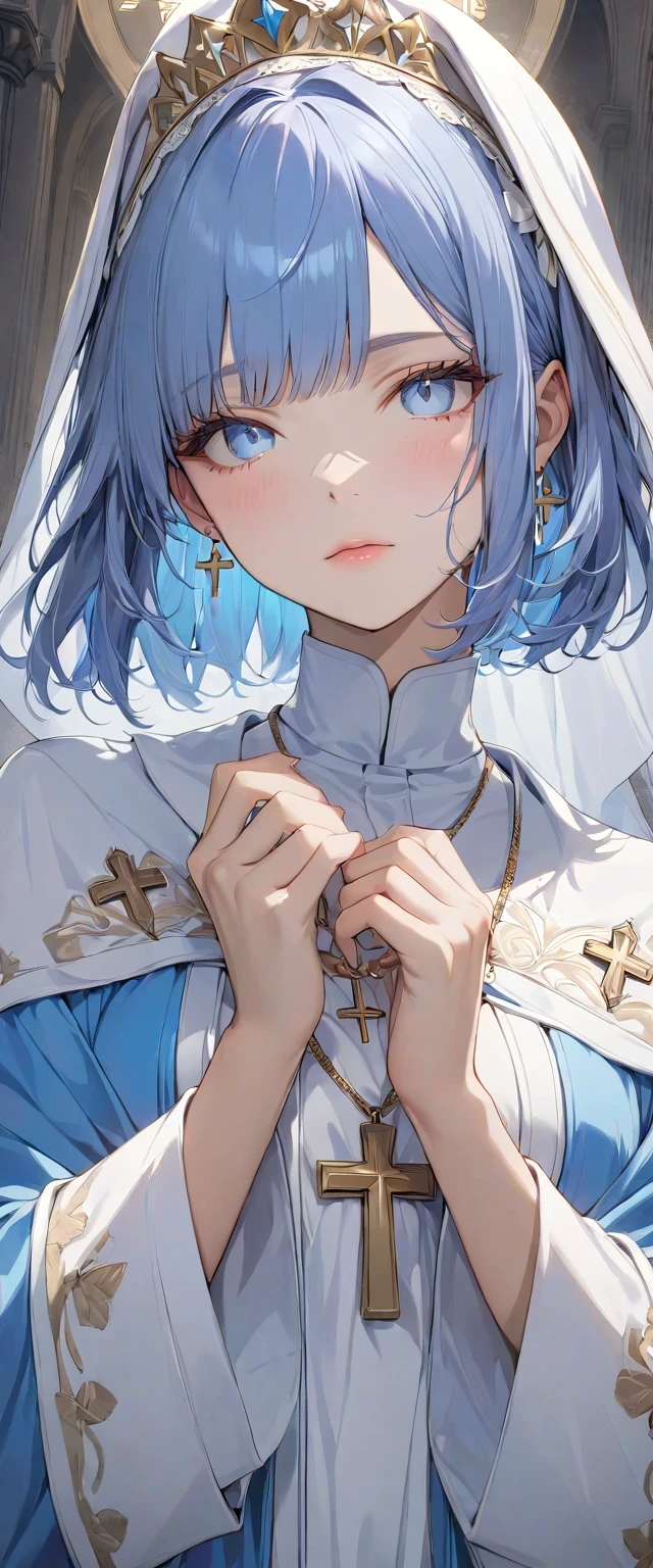 (((Best quality, 8k, Masterpiece: 1.3)), ((best quality)), ((masterpiece)), (detailed), perfect face, high detailed fingers, blue hair, medium hair, tiara, Saint Lucia, Priest, light blue robes embroidered with silver thread, Big cross necklace, gold cross, Clerical clothing