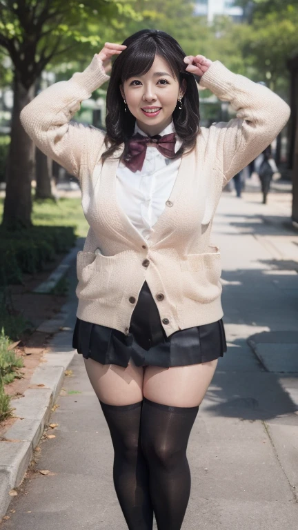  Japanese mature, white skin,(curvy body,Large Breasts,Plump thighs:1.5),(red bowtie,brown cardigan,red skirt,pleated skirt,micro miniskirt,black thighhighs, earrings,High heels:1.2),( standing in the park,Full body shot from head to toe,full body,standing:1.2),looking at viewer,smile, surrealism, depth of field, from below, Sony FE, 8k,arms up,Yumiko