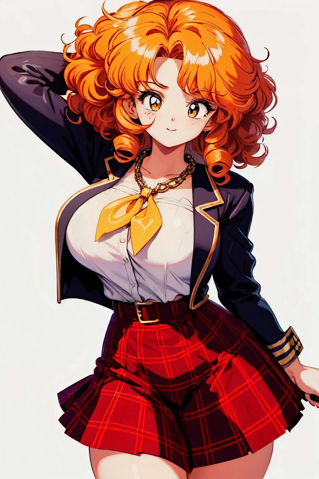 (1girl), (full), torso, body,curvy, sfw, fine art, 8k, ultra-detailed, highres, (best quality, masterpiece:1.2), volumetric lighting, focus, colorful, paint, illustration, ((extreme details)), sexy, school uniform, neckerchief, rose on the chest, monocle, gold chains, crazy hair, curly hair, whirlwind hair, mini plaid skirt