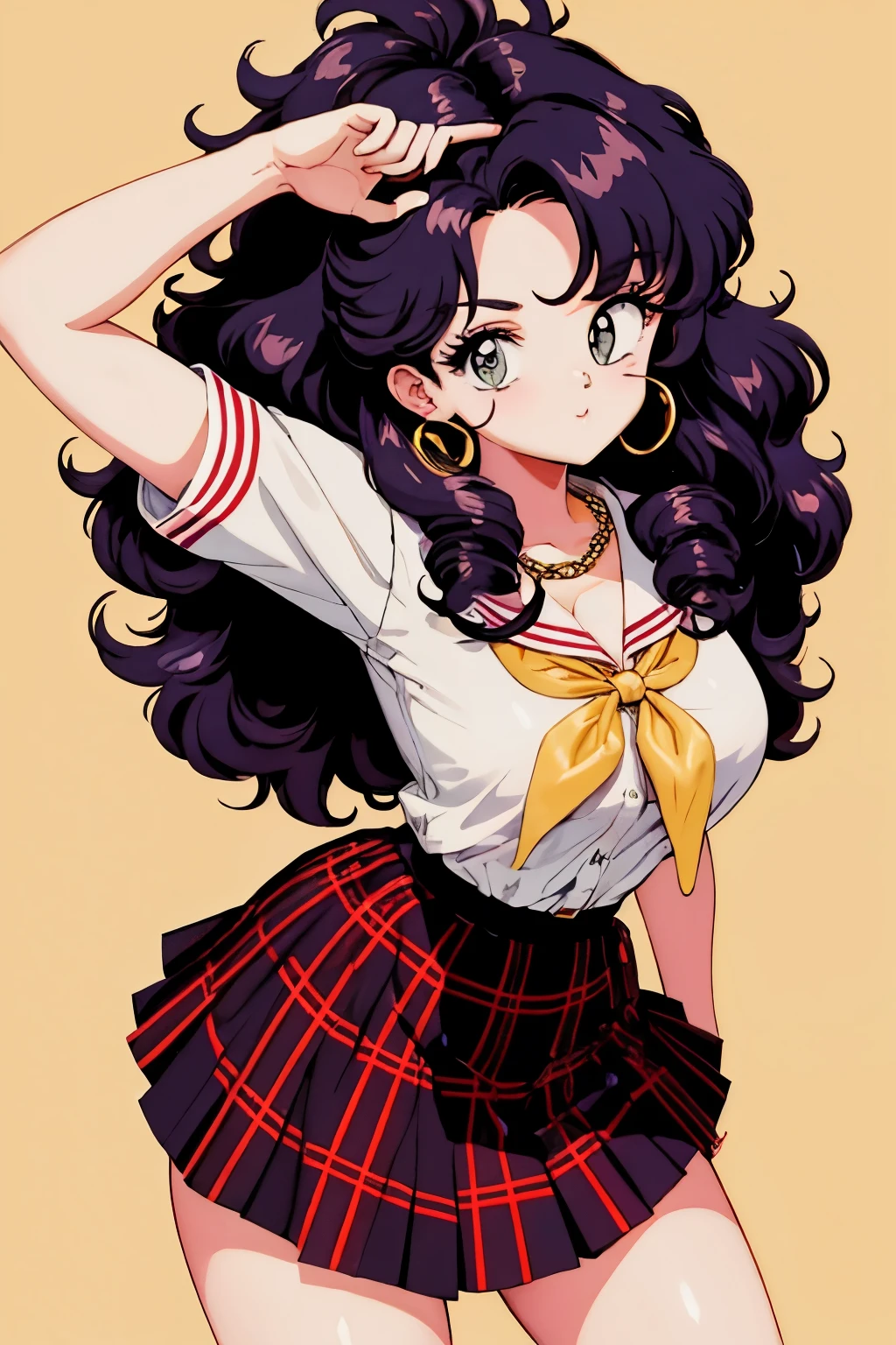 (1girl), (full), torso, body,curvy, sfw, fine art, 8k, ultra-detailed, highres, (best quality, masterpiece:1.2), volumetric lighting, focus, colorful, paint, illustration, ((extreme details)), sexy, school uniform, neckerchief, rose on the chest, monocle, gold chains, crazy hair, curly hair, whirlwind hair, mini plaid skirt