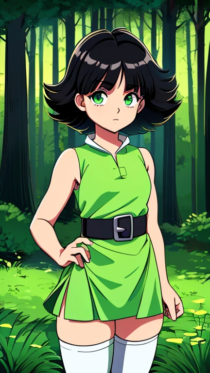 (1girl, Alone, Buttercup), (extremely detailed CG unit 8k wallpaper),(master part), (best quality), (ultra detail), (best illustration),(hrn_yc 1990s style), cowboy shot, (Sharp eyeliner, ombre, detailed eyes:1), forest, outdoors background, ,break, upper body, (black hair, green eyes, short hair, messy hair), (green dress, green sleeveless dress, simple black belt, white thighhighs)