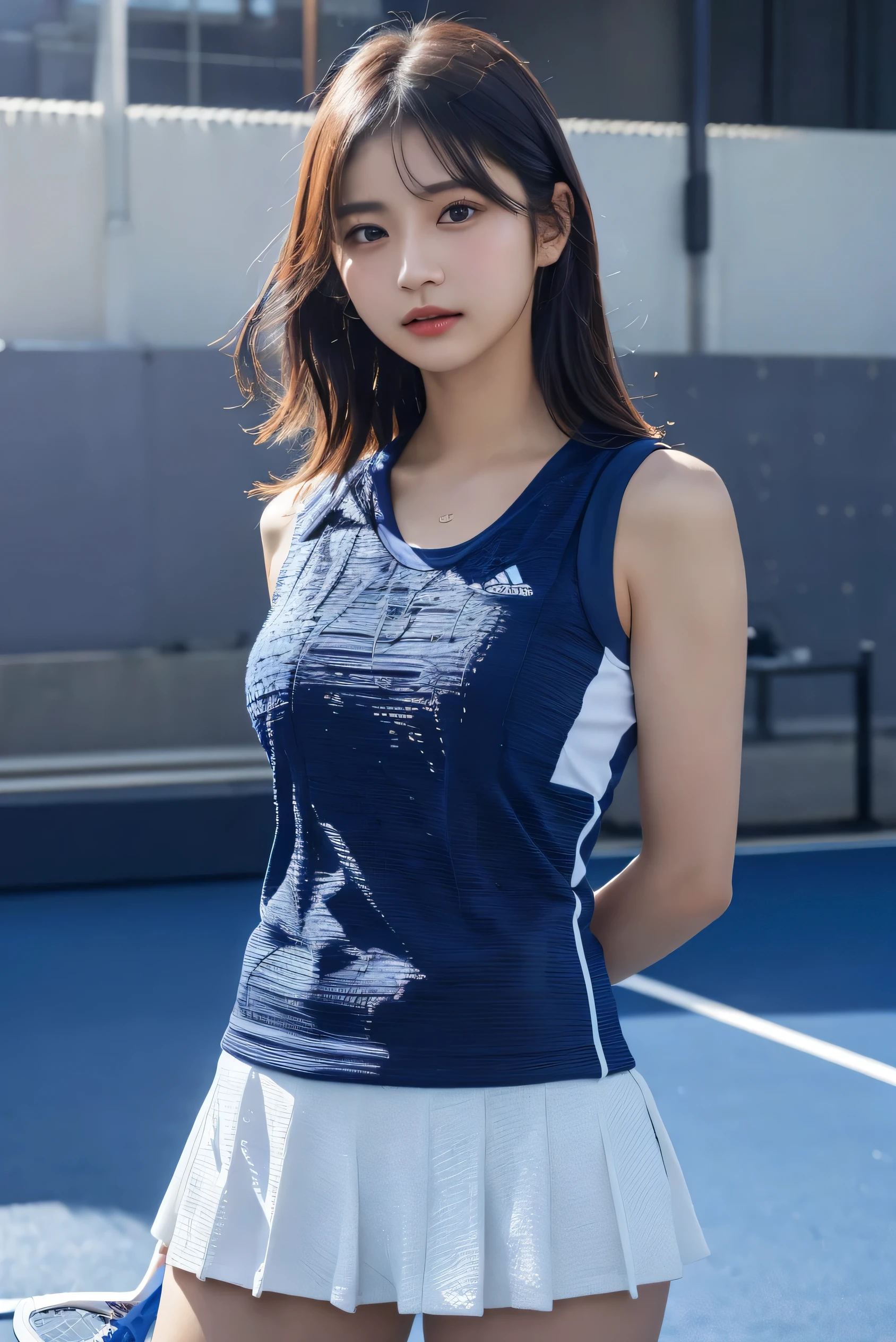 (highest quality, masterpiece, ultra high resolution, (realistic:1.4), Raw photo, very detailed, perfect anatomy),
((1 girl, most famous japanese idol)), ((Wearing a colorful tennis uniform sleeveless shirt, Wearing a colorful tennis uniform skirt, Wearing a white tennis uniform cap)), cowboy shot, ((innocent smile, dynamic pose, (Beautiful butt pointing upwards while wearing tennis bloomers with a cute design))), face and waist lighting, (Very cute face like a popular Japanese idol, very beautiful big black round eyes, very beautiful black hair short cut), very beautiful white skin, very beautiful thighs, {{Rear view、butt、}}
detailed cute face, Detailed beautiful big black firm eyes, Detailed beautiful black short cut hair, delicate, beautiful white skin, detailed beautiful thighs, Detailed colorful tennis uniform sleeveless shirt, Detailed colorful tennis uniform skirt, Detailed white tennis uniform cap, Tennis bloomers with a cute design with attention to detail