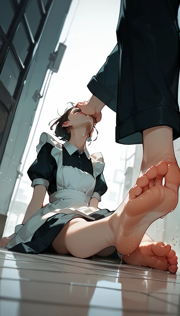 Anime Women, Maid, barefoot, raised leg, Stomping of feet on throat, Stomping of feet on neck, looking down, head out of frame, throw