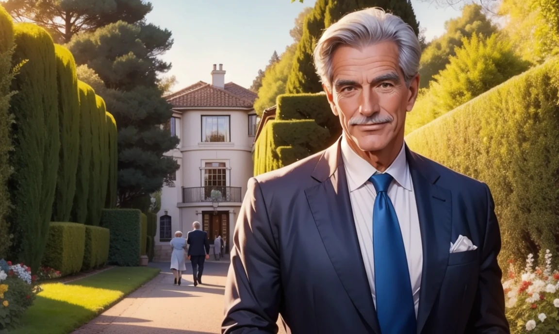 older gorgeous man giving you a secretive smile in the foreground. In the background there is an english-style country club, and couples walking about.