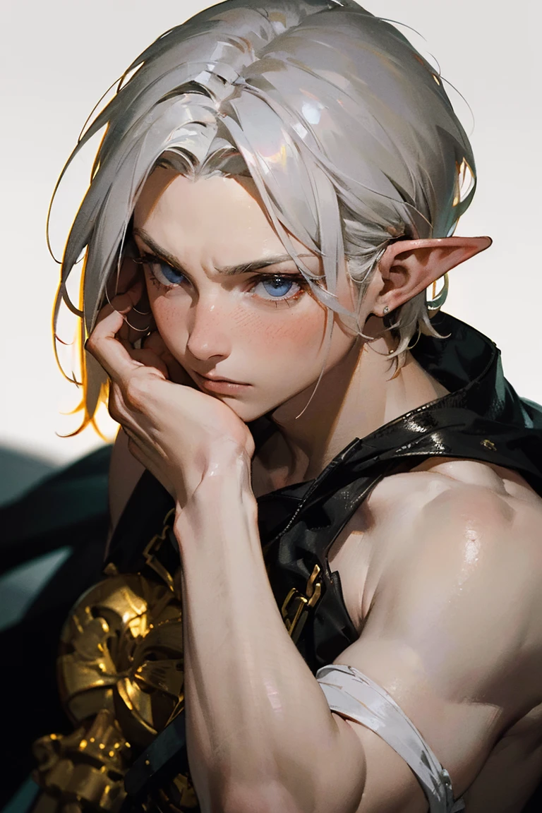 Male Elf, very long silver blonde, frustrated face, blush, fantasy background, (masterpiece:1.21),(bestquality:1.21),8k,high detailed,ultra-detailed,photography,award winning,documentary,Original Photo,Realisticity,solo,physically-based rendering,depth of field,(low saturation:1.3),(1boy;1.4:1.1),a male,silm,Real Skin Texture,White Marble Glowing Skin,model,model(random_color_clothing:1.45),(random stylish pose action:1.1), (random view shot)