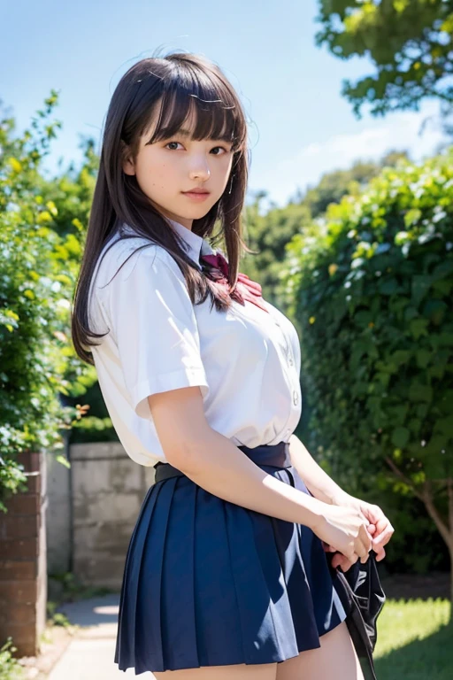 (Highest quality, 8k, 32K, masterpiece, Ultra-high resolution:1.2), Cute Japanese Girl, (Huge breasts:1.1), Short black hair, bangs,tall, (school uniform), Tight waist, (Outdoor, garden, blue sky),(high school girl),