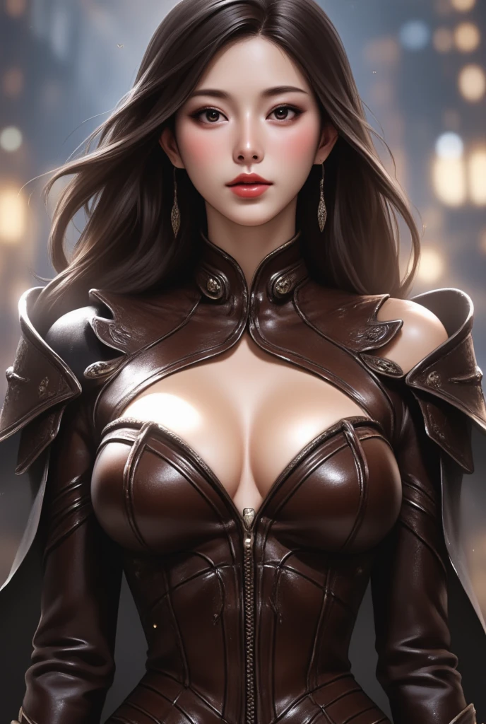 A cute woman, leather armor, cleavage, hyperrealistic digital painting, realistic anime, bokeh
