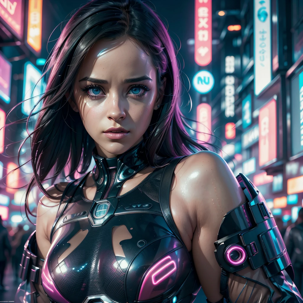 Upper-body portrait shot of cyber punk Sexy women, Sexy models of different races, seductive facial expressions, Claire Foy, capturing detailed facial features with a focus on the eyes and expression. The angle highlights the face and upper torso, ideal for use as a character portrait in a game. (Sharp facial details:1.3), (subtle expression with depth:1.3), and (defined, lifelike textures:1.2) make the character feel realistic and engaging. The background is subtly blurred, allowing full focus on the subject. 4K resolution, ultra-detailed, cinematic, (hyper-realistic:1.3), (neon-noir:1.2), (masterpiece quality:1.3), high-quality digital art, trending on ArtStation.