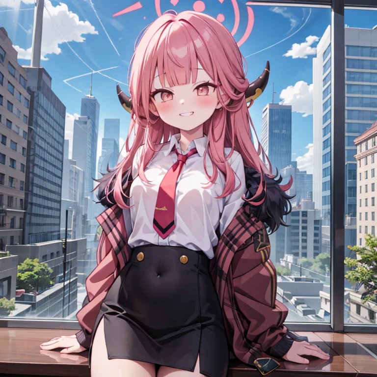 masterpiece, best quality, game cg, anime, rikuhachima aru, solo, 1 girl, look down grin, Office building
