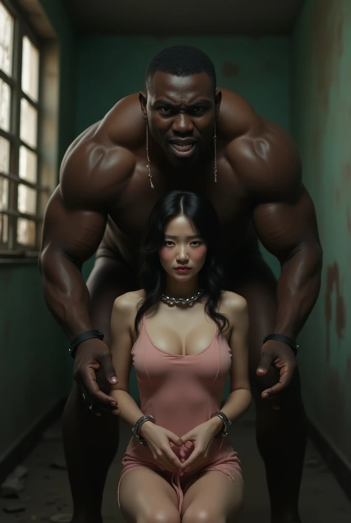 nsfw, standing, interracial, detailed, 1girl, 1boy, very muscular male with furry body, girl with soft curves and horny face, mini thong lingerie, sexy, ((detailed and realistic thick big penis)), {20cm penis}, V sign, (girl looking down at man's crotch)