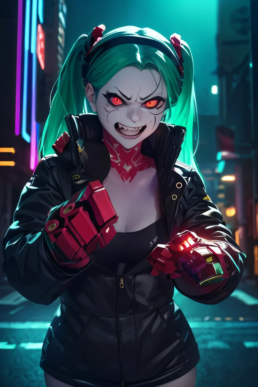 Rebecca, 1girl, young girl, 1 , futuristic cyberpunk, lewd grin, (twin tail, hairband, colored sclera, red sclera, green hair, green pupils, fang, red eyes, wearing a little sexy clothes, black croped jacket ), ((skinny body)) , ((Showing hand:1.4)), ((psycho face, creppy smiling. Angry face )), cinematic, ultra highly detailed, beautiful details, vivid, saturated colors, filigree detailed, tiny details, pop surrealism, cowboy shot. hyper-realistic style, highly detailed textures, reflective and glossy surfaces, cinematic lighting, neon lights reflecting off her skin, urban cyberpunk cityscape in the background, (vivid colors), (high contrast), (sharp focus), (bokeh effect in the background), (moody atmosphere), (digital painting style), (masterpiece: 2), best quality, ultra highres, original, extremely detailed, perfect lighting. ((Abandoned urban wall background ))