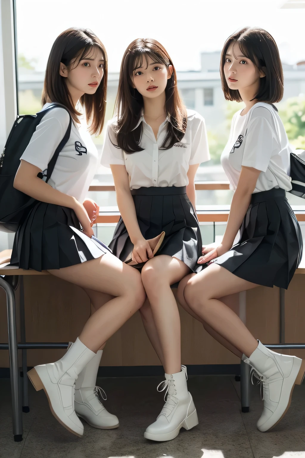 Masterpiece, long hair, looking at viewer, smile, bangs, (Three girls in:1.2), brown hair, shirt, black hair, short sleeves, brown eyes,  bob hair, Graphical T-shirt, (White pleated skirt:1.2), open legs, Boots, bag, brown footwear, loafers, school bag, Sunset classroom, Sitting, (Plump breast:1.2), (From Sideview:1.2)