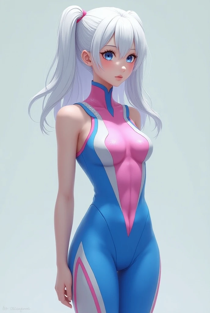 realistic anime style, white girl, blue and pink bodysuit, 21 year old looking, white hair, full body,