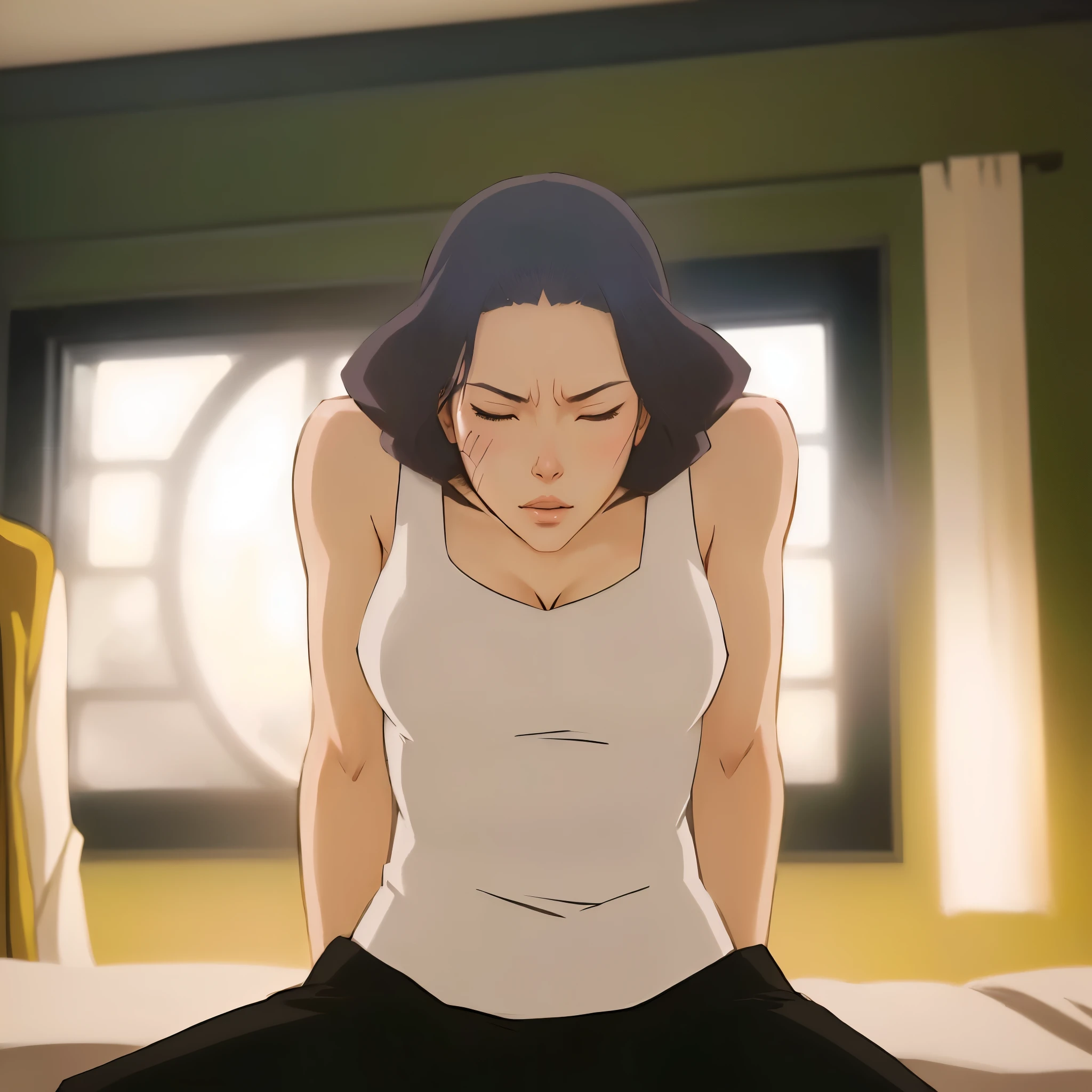  realistic anime image of a woman sitting on a bed with her eyes closed,  cell-shaded adult animation , no anime ghost in the shell, in the anime movie, ghost style in the shell , in a mixed style of æon flux, sitting in her room,  art style satoshi kon , still from today&#39;s featured anime, Satoshi Kon Style, Kate Bispo, lin beifong, the legend of korra, high resolution, 