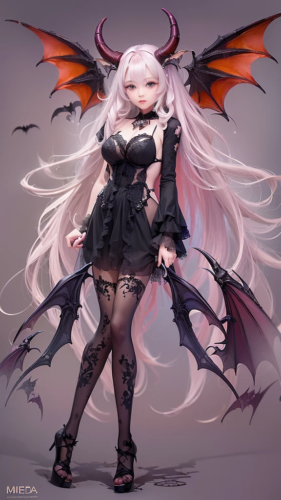 Succubus, cute, loli, big white legs, thin legs, black blood demon wings, full body, realism, high quality, masterpiece --auto