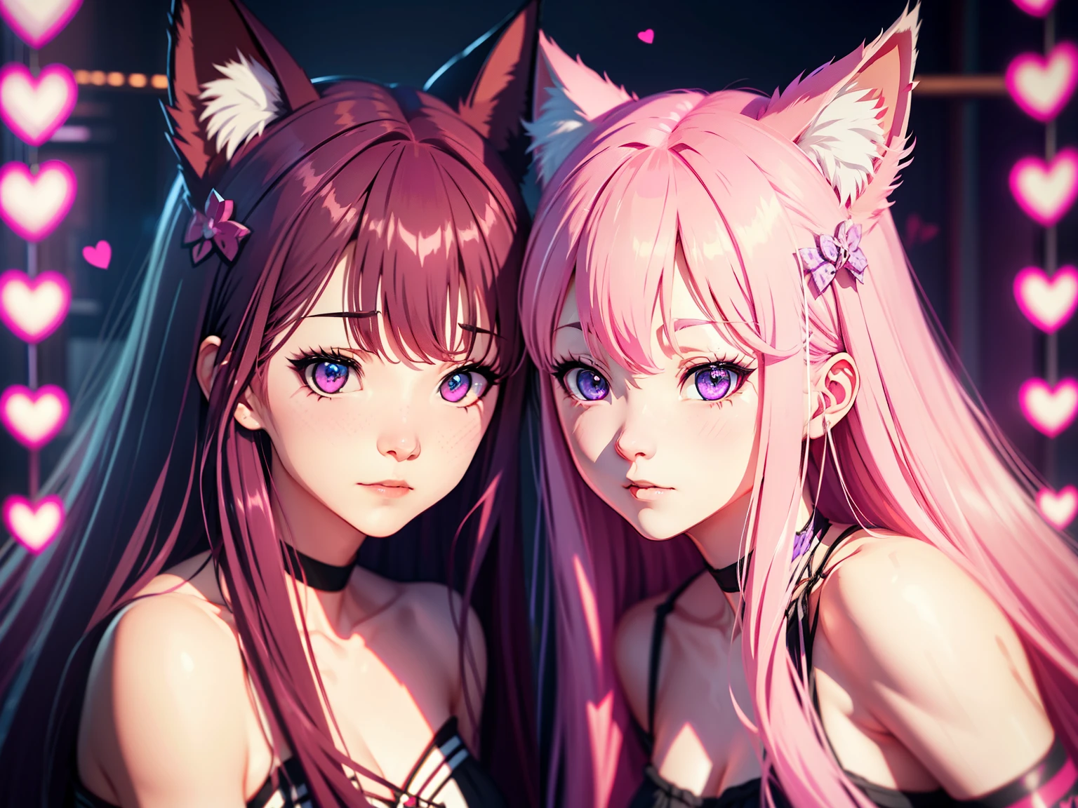  pink hair、Long Hair、Cat hair accessories、Purple Eyes、Fox Ears、Bright red、Hearts in eyes、verbal hospitality、Anime Style、 cinematic lighting 、Ray Tracing、Reflected Light、throw、8k、 super detail、correct、Best Quality、Textured skin 、Older sister