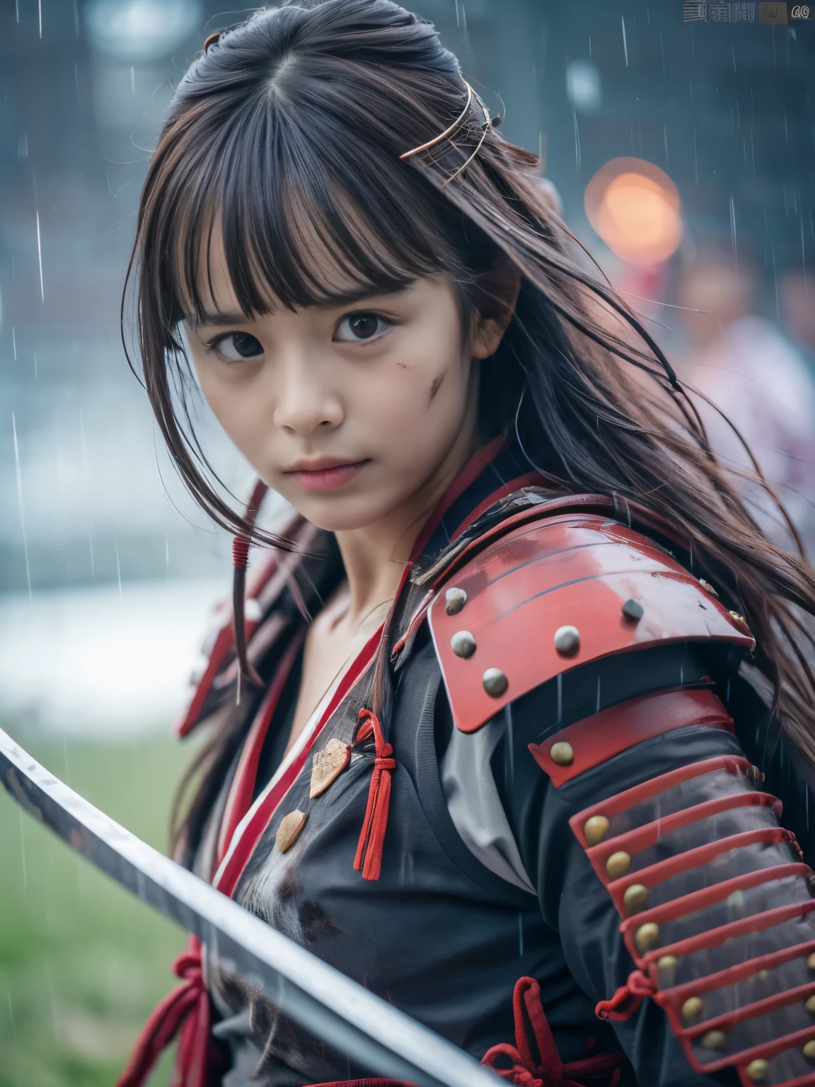 (Close up portrait of one slender small breasts red brown wavy long hair with dull bangs girl in a red colored dirty bloody armor warrior as samurai in Japan at raining:1.5)、(One girl hold Japanese traditional white blade sword on hand under the raining sky on the grassland in old Japan with crying dirty bloody face:1.5)、(Heavy raining dark sky:1.5)、(blurred background:1.5)、(Natural light:1.5)、(8k ultra detailed master piece:1.5)、(perfect anatomy:1.5)、(Photorealistic stick:1.5)、(Raw photo:1.3)、(highest quality:1.5)、(High resolution:1.3)、(Delicate and beautiful perfect face:1.3)、(Delicate and beautiful eye air skin:1.3)、(Real Human Skin:1.3)、((thin legs))