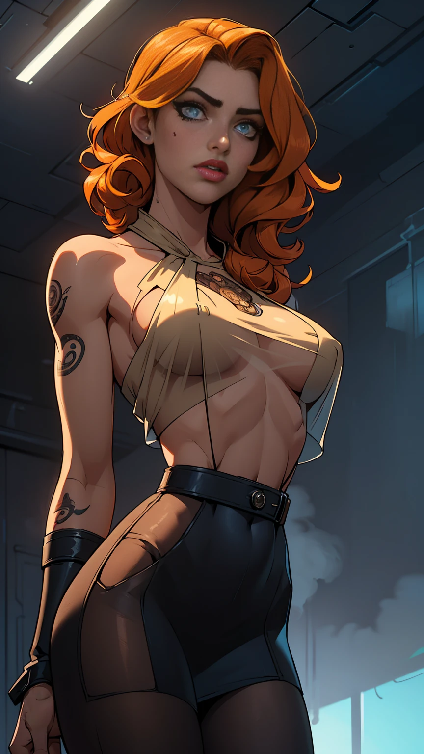 dieselpunk, atmospheric volumetric fog, (masterpiece:1.2), illustration, best quality, 8k, HDR, wallpaper, cinematic lighting, sharp focus, intricate ,slim body, (( fashion seethrough top)), intricate,sexy,Fable, light Orange hair, ((short wavy hair)), body tattoo, definited eyes, High resolution, Blue eyes, s