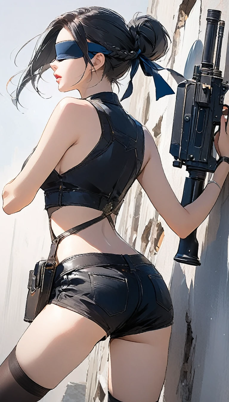 1girl, ass, backless outfit, bare shoulders, black footwear, black hairband, blindfold, from behind, hairband, high heel boots, high heels, highleg, highleg leotard, leotard, mole, mole under mouth, shiny, short hair, silver hair, simple background, thighs, thong leotard, white background, white leotard, yorha no. 2 type b