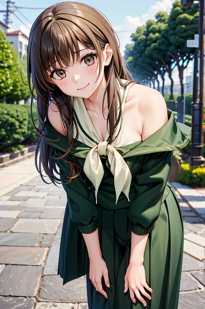 Shimazu Yuno、 shiny brown hair,  ((Long Hair, Twin Blade:1.5,  hair falling off shoulders  )),beautiful brown eyes、  sparkling eye, fine grain、smile、Ultra-precise eyes、 Highly Detailed Face , high definition eyes ,



   School Uniforms,  sailor color ,   neckerchief , green shirt,  sailor shirt ,  Long Sleeve ,  green skirt,  long skirt , 
 
 masterpiece, Best Quality,  Kampala, Leaning forward,   put your arms back ,  outdoor , School yard trees、 cowboy shot ,  standing , 子供綿pantsI can see, Low angle,  angle from directly below ,  crotch close-up , Look under the skirt, pants（underwear）I can see, Feeling face,、半透明なシュミーズI can see



