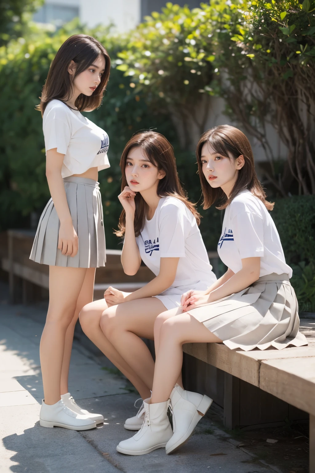Masterpiece, long hair, looking at viewer, smile, bangs, (Three girls in:1.2), brown hair, shirt, black hair, short sleeves, brown eyes, bob hair, Graphical T-shirt, (White pleated skirt:1.2), open legs, Boots, bag, brown footwear, loafers, school bag, Sunset Seashore, Sitting, (Plump breast:1.2), (From Sideview:1.2)