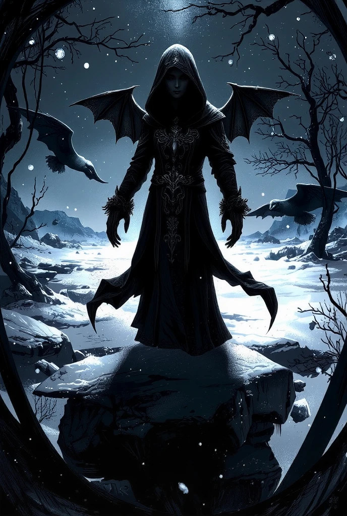 black and white drawing, gothic style, creepy figure, hooded cloak, bat wings, standing in snow, eerie atmosphere, detailed textures, flowing cloak, faceless, mysterious, monochrome, digital art, soft shading, winter setting, snowflakes, dark and moody, long shadows, intricate patterns on cloak, isolated figure, dramatic lighting, high contrast, haunting, fantasy theme, surreal, solitary, ethereal, cold environment, winter clothing, snow-covered ground, mysterious presence, gothic horror, atmospheric, detailed, hauntingly beautiful