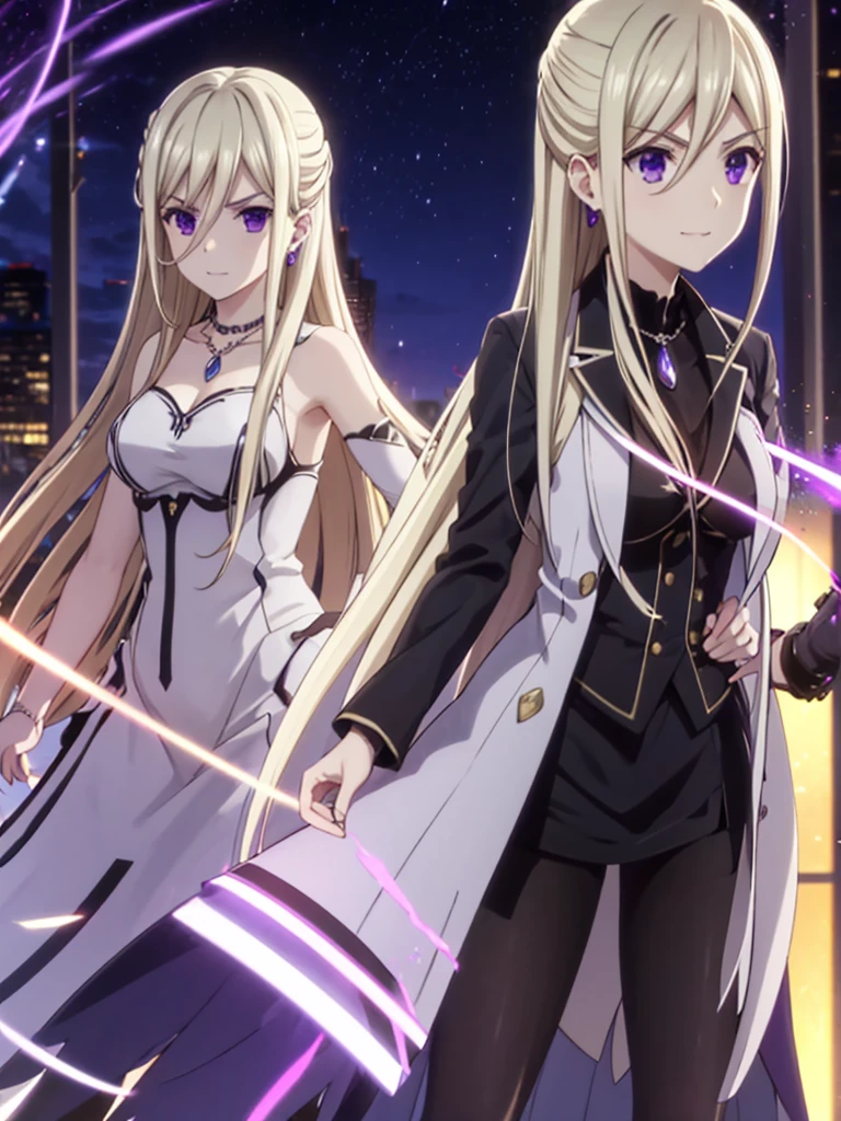 ellen mira mathers formal, long hair, blonde hair, (purple eyes:1.1), jewelry, earrings, necklace, formal, suit, purple suit, long skirt, black skirt, pantyhose,loose suit 
cowboy shot、
(Très délicate et belle: 1.2), 1 fille, frange,  Vague, Vague background, arc, cheveux bruns, Fermez-la, vue de côté, cheveux entre les yeux, hair arc, lanthane, Particules de lumière, Manches longues, Observer le public, cheveux mi-longs, nuit, red arc, , Acteur(symbolisme), partie supérieure du corps, sourire, lèvres rouges, vêtements large ample