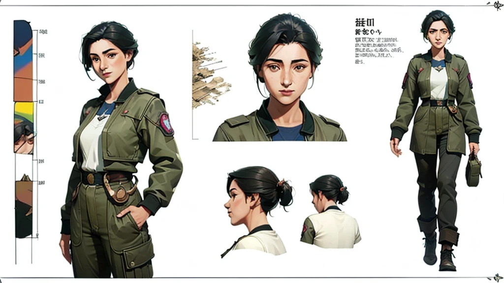 ((character design sheet, same character, front view)), (full body), Sci-fi, industrial cassette futurism, (masterpiece), (Best quality), (perfect face), illustration, 1girl, over coat, loose bomber jacket, worn and dirty pilot suit, baggy pants, tool belts, mature age, detailed hair, pretty face, happy, plain background