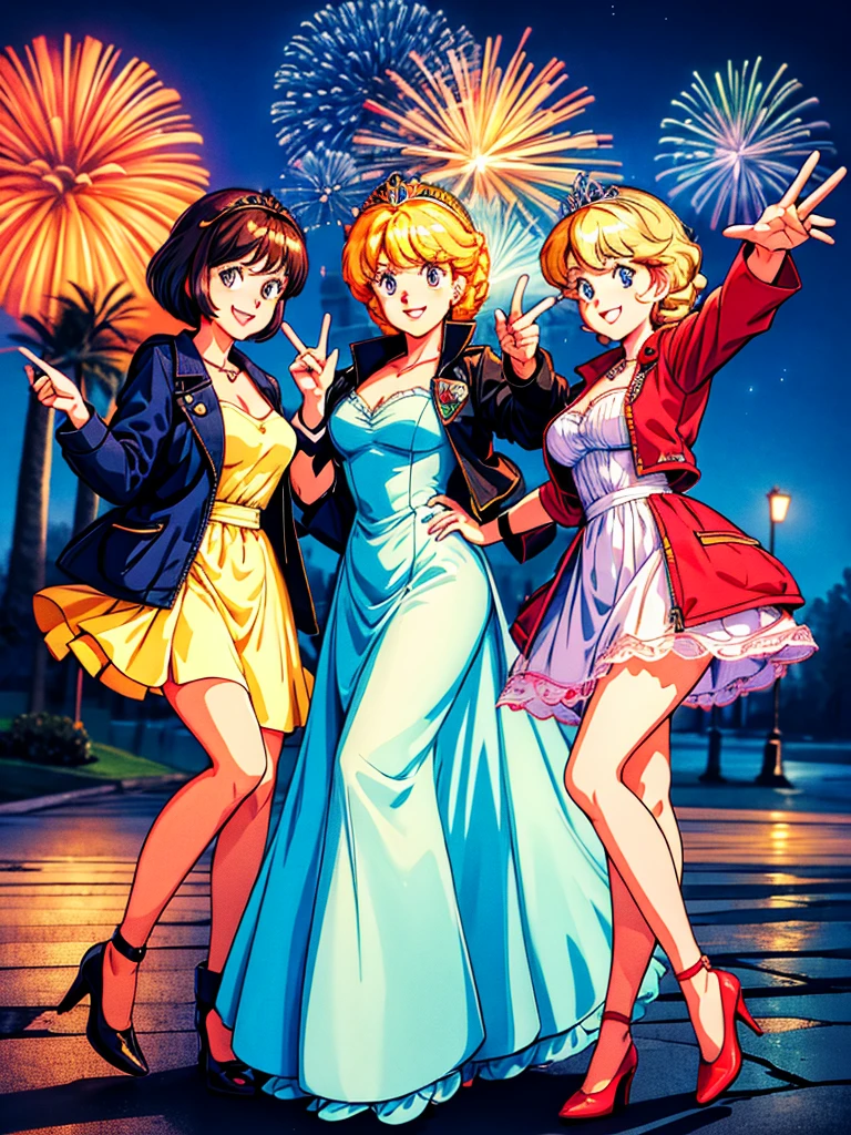 Three women, best quality ,(8k). Tiara ,selfee, jacket, autumn , full body shot, balance, smile, amusement park, night , moon, fireworks. Shorthair. Neon.glowing light. Cinderella.castle.drees