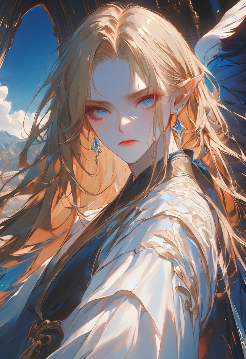 Male Elf, very long blonde, long hair, frustrated face, blush, fantasy background, (masterpiece:1.21),(bestquality:1.21),8k,high detailed,ultra-detailed,photography,award winning,documentary,Original Photo,Realisticity,solo,physically-based rendering,depth of field,(low saturation:1.3),(1boy;1.4:1.1),a male,silm,Real Skin Texture,White Marble Glowing Skin,model,model(random_color_clothing:1.45),(random stylish pose action:1.1), (random view shot)