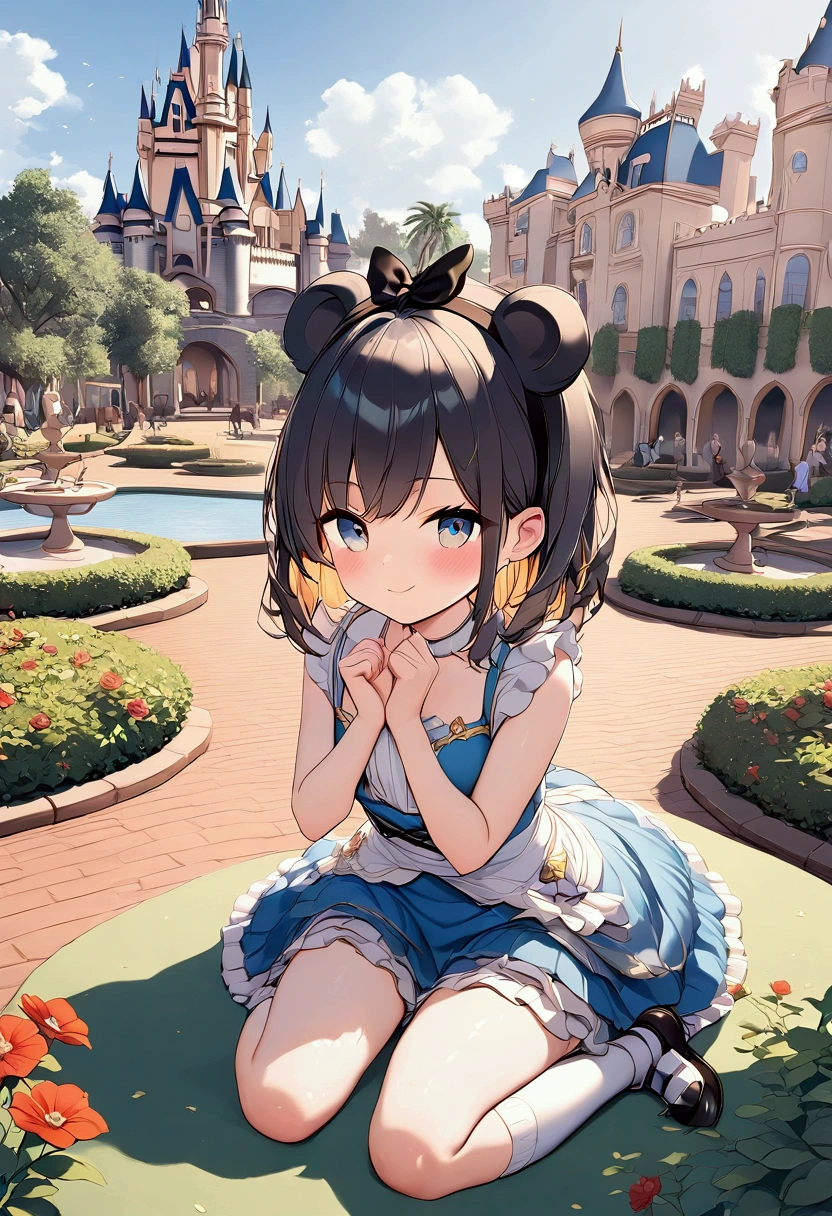 (masterpiece), ( best quality ), ( very detailed ), Alice Liddell, Blue dress, 白いエprofessionalン,  black hair band,  blonde hair , White long socks,  cute pose, In the Garden, (Pool), (((Disney Castle in the background ))), (Blue Sky), (Sunny Day), 3d. Illustration, Good highlights,  完璧なprofessionalポーション , dynamic, professional,  Award-winning , ( highly detailed skin that destroyed the city), ( high definition face),  photorealistic ,  Kampala, 超 Kampala, Absurd,