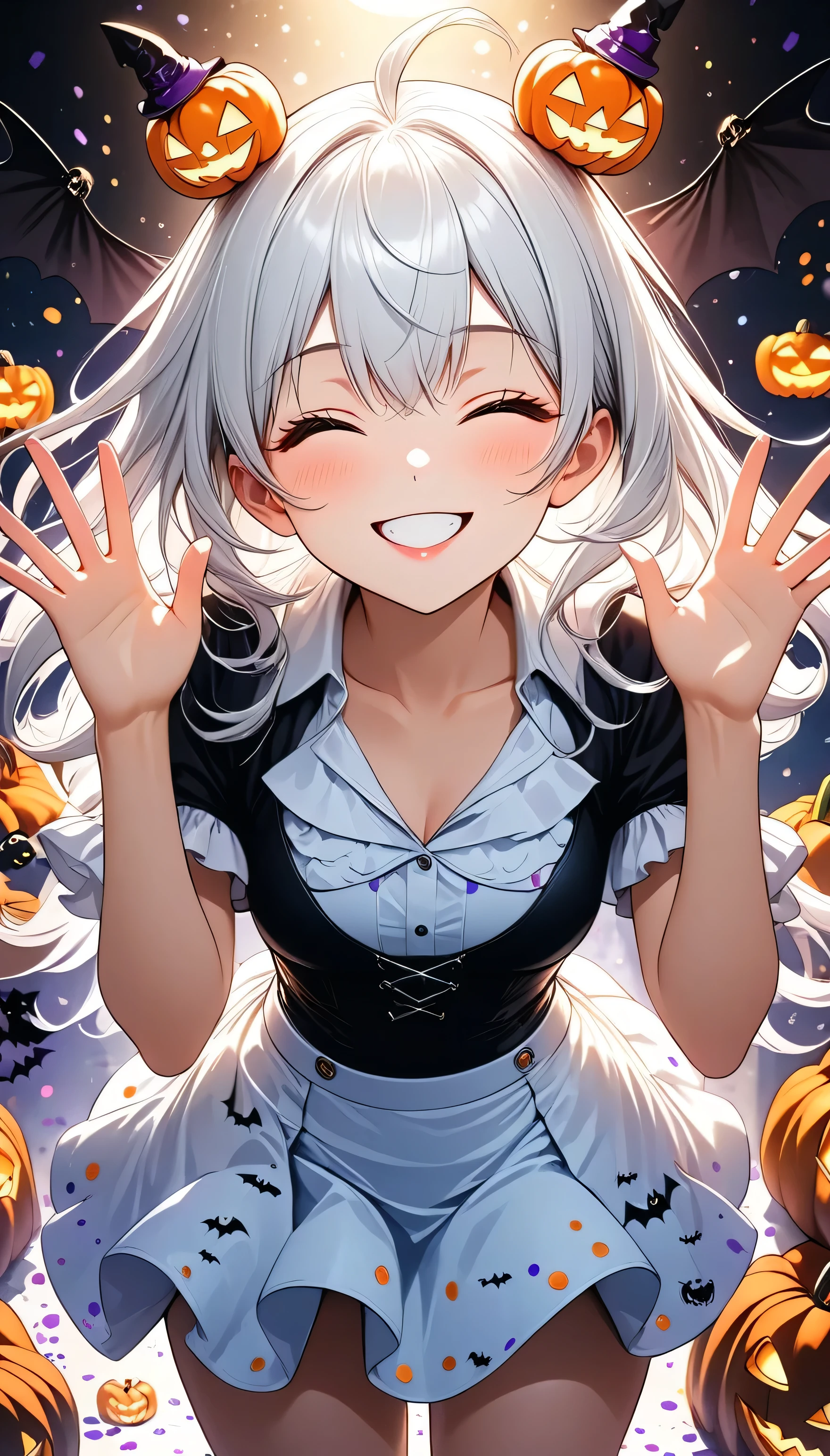 ( close eyes),(((both hands,Waving gesture))),(beautiful girl:1.3),masterpiece,Please redeem,Ultra-high resolution,rich contrast,Very high quality,8k,Highly detailed CG unit wallpaper,Texture,So ridiculous,RAW Photos,Highest quality anime,Depth of written boundary 1.2,Glowing Skin,Glitter Effect,Beautiful glossy lips,(double pumpkinbuns,Silver-white hair),( Halloween ), looks like he's about 18 years old,ROUGH,(The tip of the skirt is equipped with a round light that emits yellow light).big and round butt,girl　Alone, fantastic,SDXL,(((happy smile))),leaning forward,Tilt your head