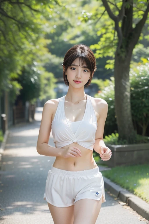 ((4K,8k,Masterpiece))、photograph、Highest quality、Detailed face、High resolution、actually exists、A rare talent、Beautiful Eyes、looking at the camera、1 Japanese girl、cute、Natural Makeup、short hair、Dark Eyes、19 years old、Vibrant、Marathon runner、Cleavage、Transparency、Sweaty skin、High leg、running wear, Forest Park Path、Long distance runner、dig in shorts
